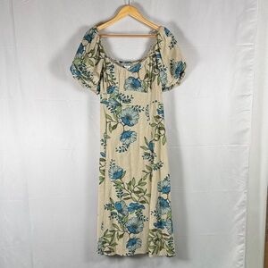 Tulip Creations Cream Floral Print Puff Sleeve Scoop Neck A-Line Midi Dress Lg